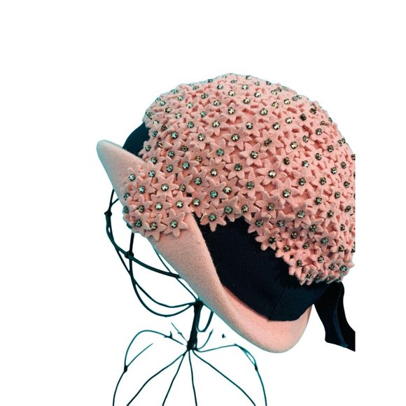 Vintage 1950s Pink Hat Floral Rhinestone Mohlfelder's Cap - Picture 3 of 10